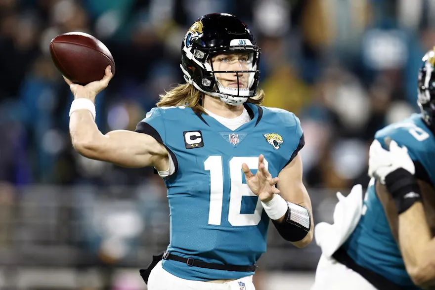 Trevor Lawrence of the Jacksonville Jaguars throws a pass against the Los Angeles Chargers during the second half of the game. Photo by Douglas P.