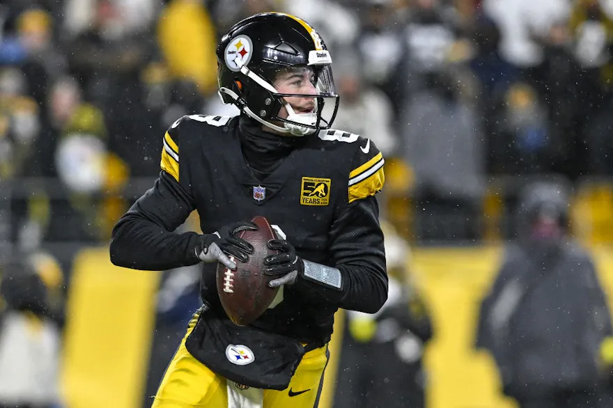 Kenny Pickett of the Pittsburgh Steelers looks for a receiver during the second quarter of the game against the Las Vegas Raiders, and we offer new U.S. bettors our exclusive FanDuel promo code for Monday Night Football.