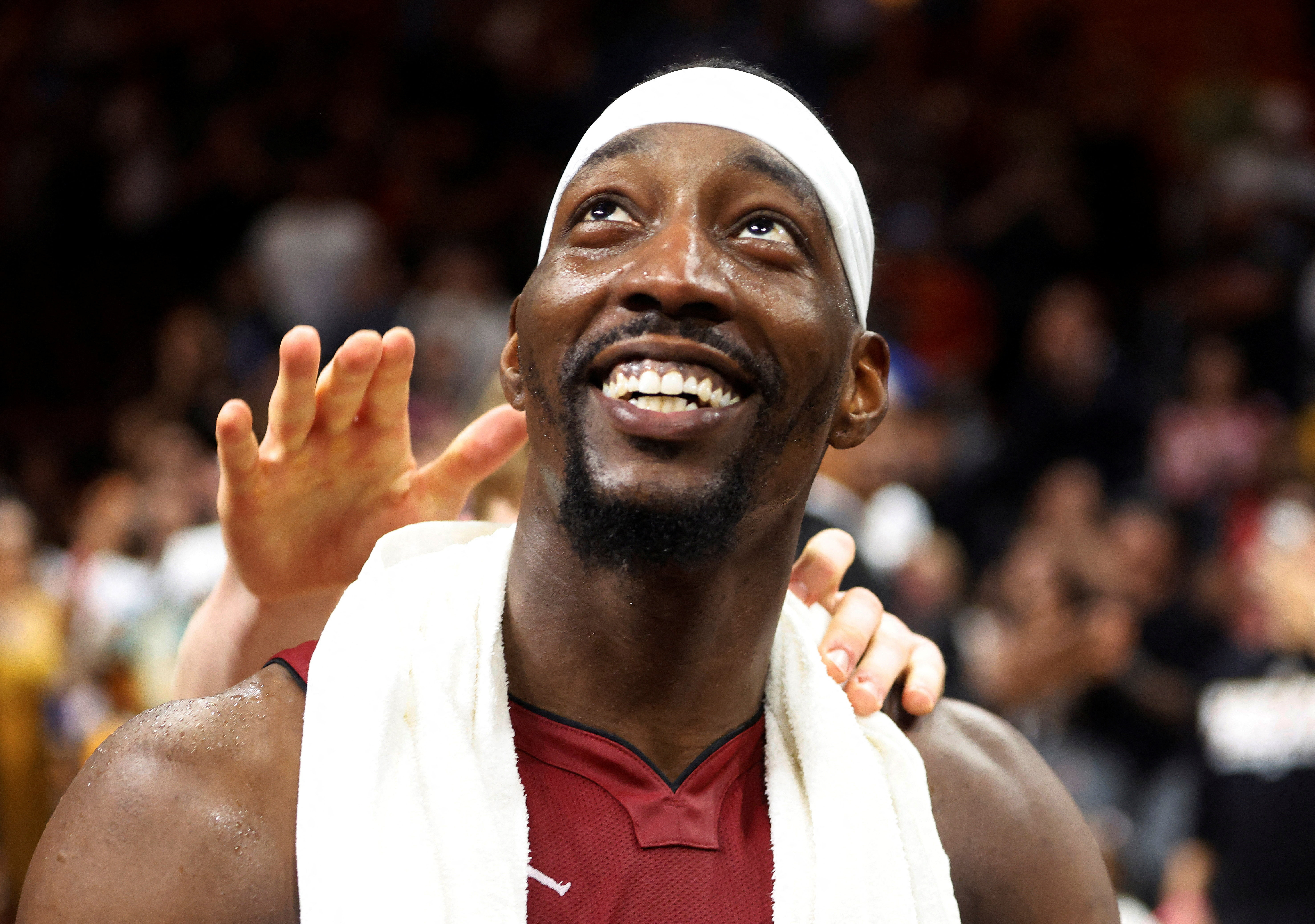 Miami Heat center Bam Adebayo (13), seen here reacting after scoring 83 points, is featured in our NBA player props today.