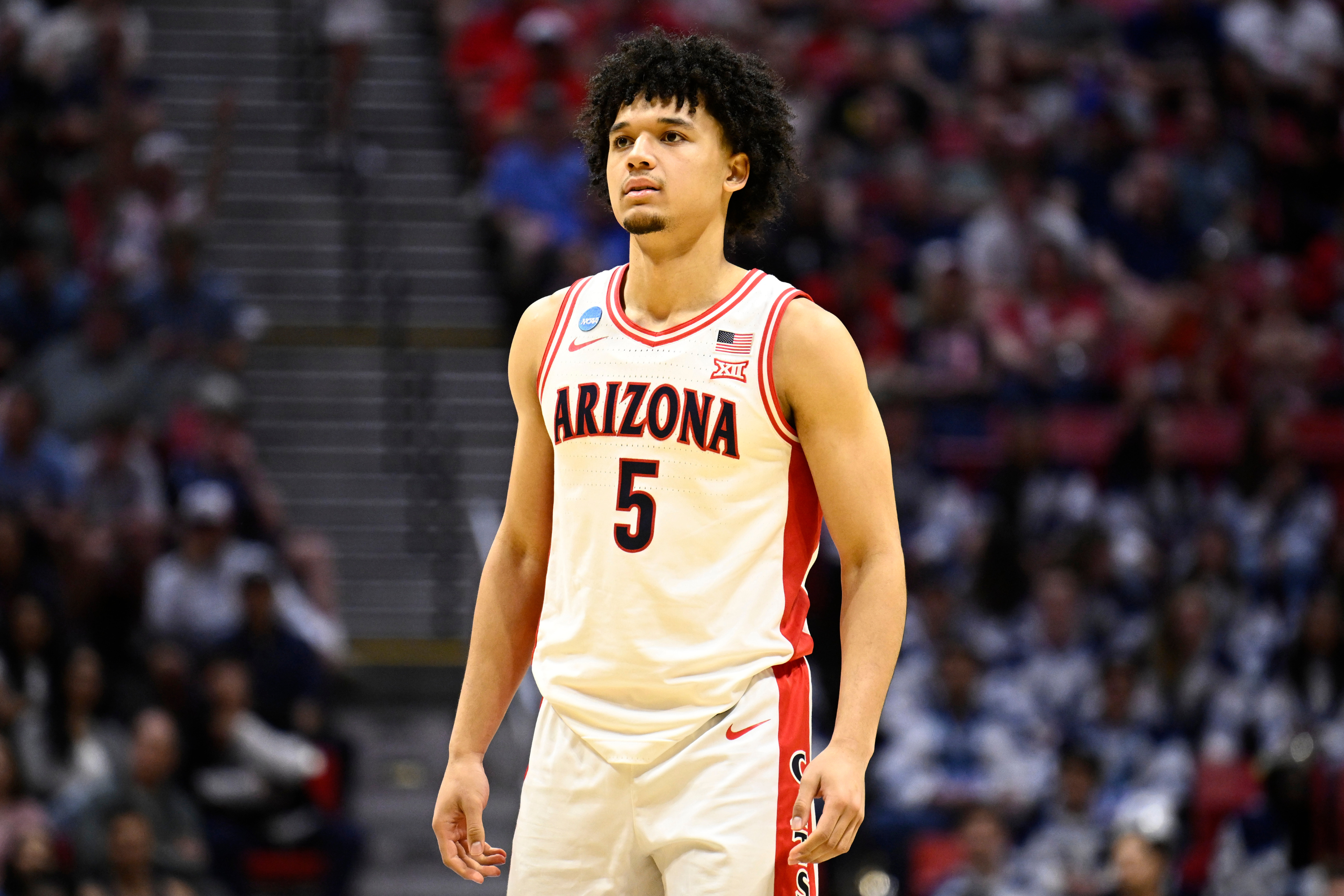 Arizona Wildcats guard Brayden Burries (5), seen here looking on during a game, is featured in our Arkansas vs. Arizona player props tonight.