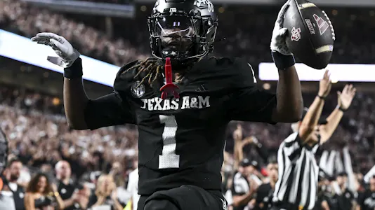 Texas A&M Aggies wide receiver Mario Craver (1) celebrates after scoring a touchdown, a feat he is projected to achieve again tonight in our Texas A&M vs. LSU anytime touchdown scorer predictions.
