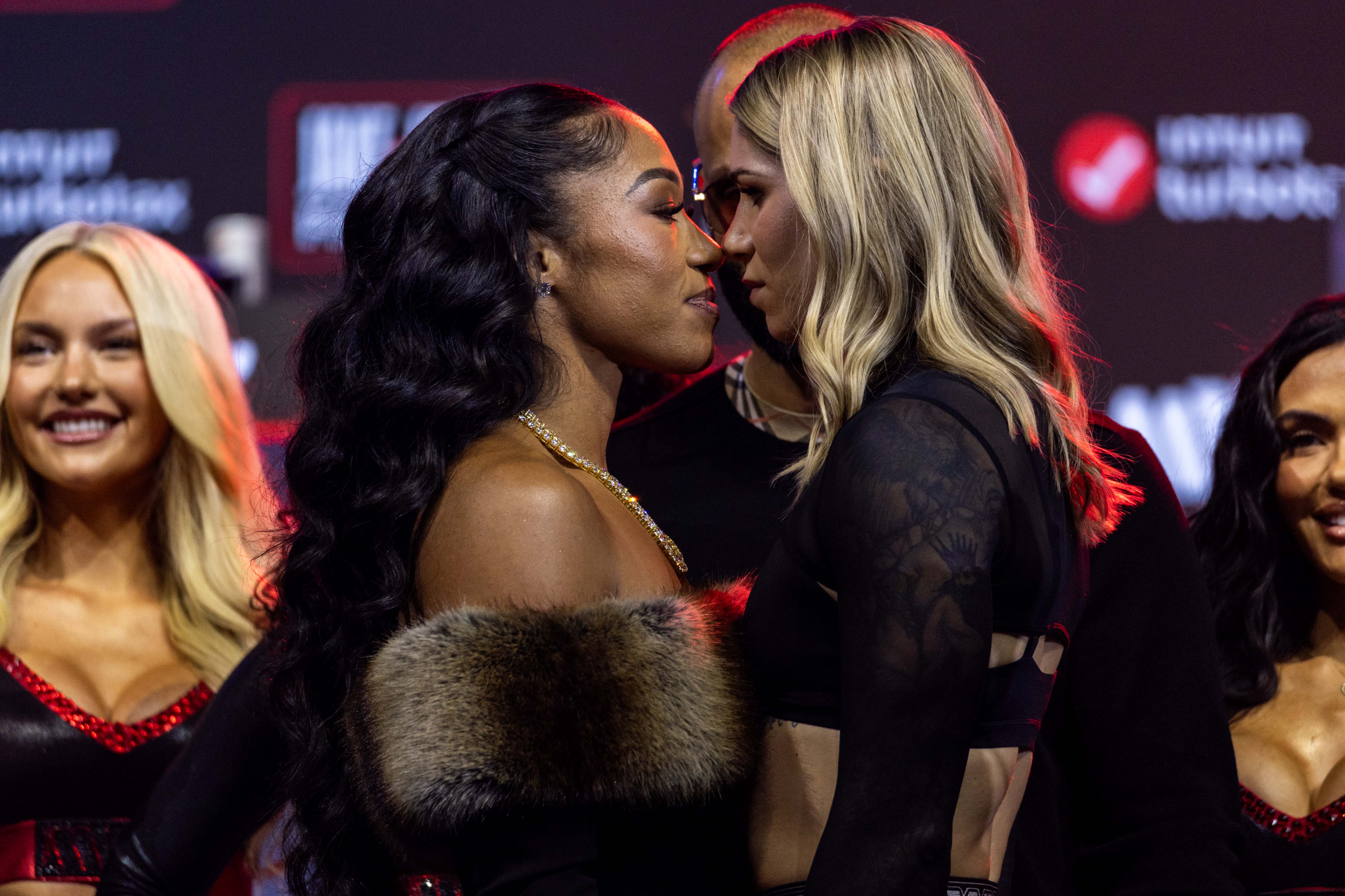 Alycia Baumgardner and Leila Beaudoin face each other during the press conference for the upcoming Jake Paul vs Anthony Joshua boxing match on Netflix as we look at our Alycia Baumgardner vs. Leila Beaudoin predictions