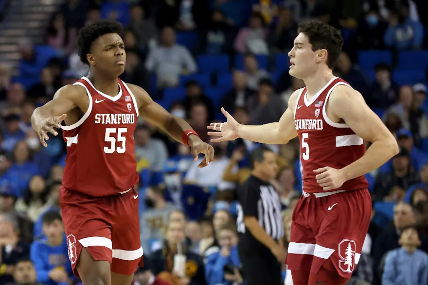 Harrison Ingram and Michael O'Connell of the Stanford Cardinal react to a play during the first half against the UCLA Bruins at UCLA Pauley Pavilion in Los Angeles, California. Photo by Katelyn Mulcahy/Getty Images via AFP.