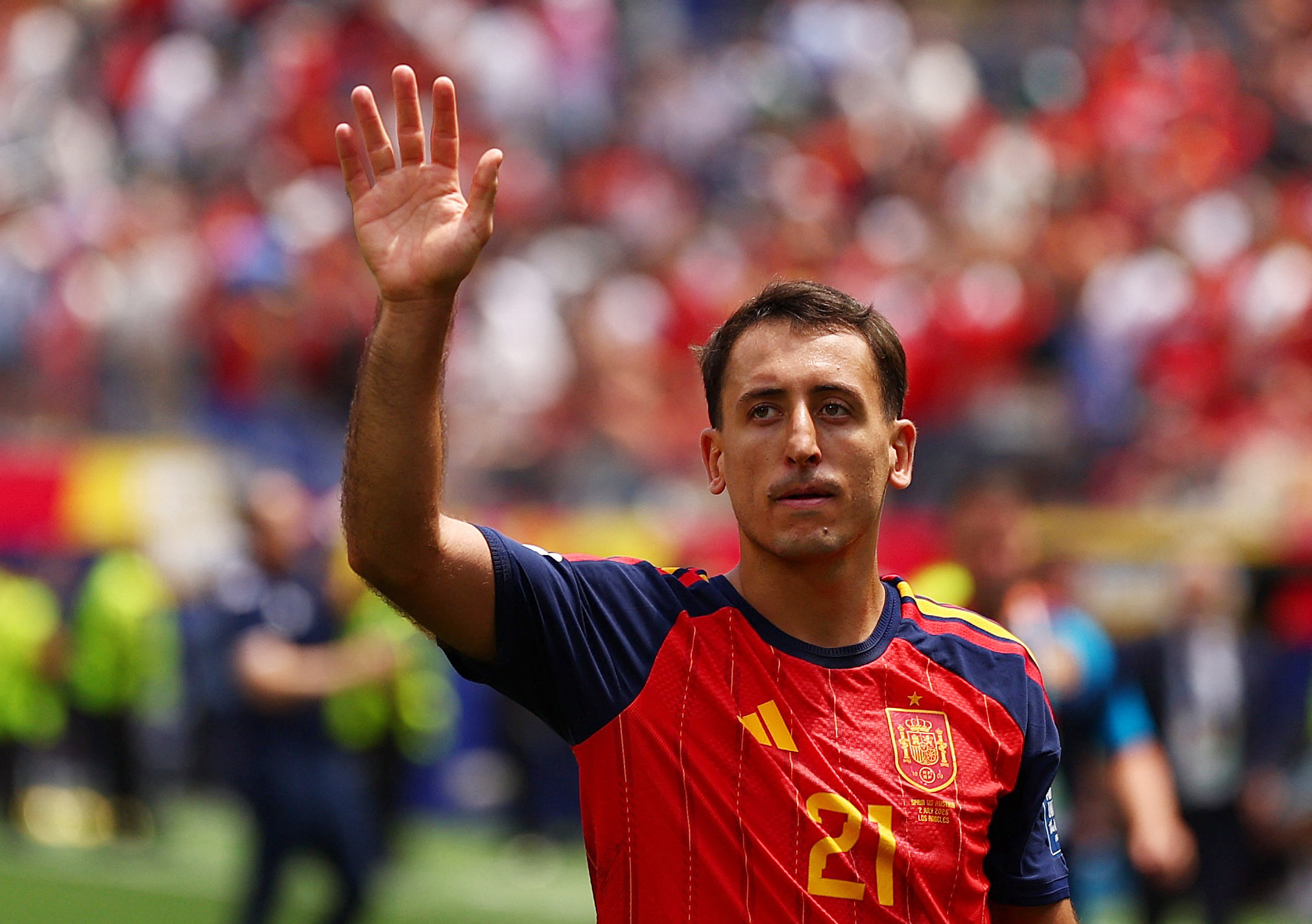 Spain's Mikel Oyarzabal celebrates as he is featured in our Spain vs. Belgium prediction.