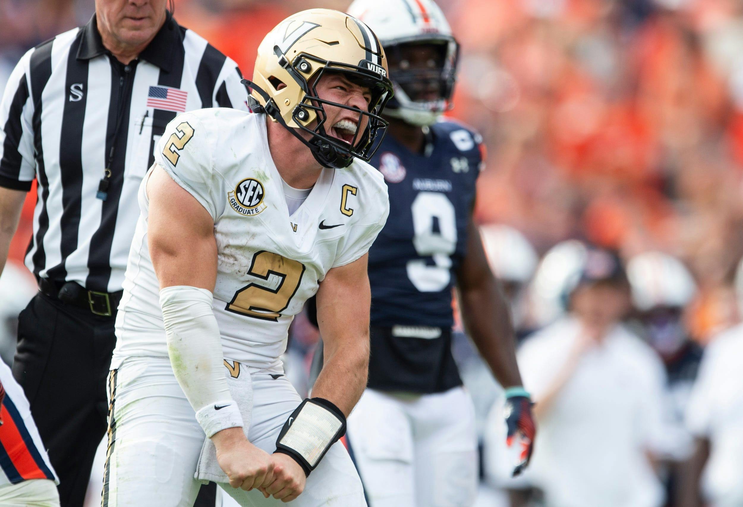 Vanderbilt QB Diego Pavia celebrates against Auburn. We expect the Commodores to reach the Music City Bowl in our college bowl game odds.