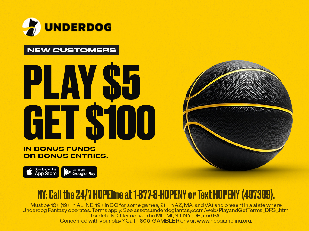 Promotional asset featuring Underdog's 'Play $5, Get $100' new customer offer with a basketball graphic.