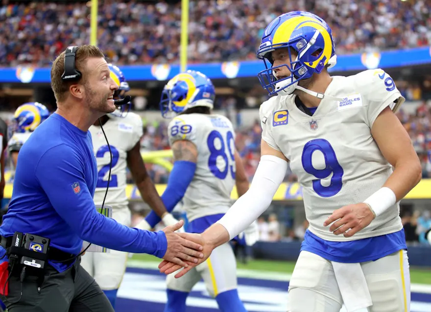 Head coach Sean McVay of the Los Angeles Rams celebrates with Matthew Stafford as we get into our favorite Stafford player props for Saints vs. Rams on TNF.