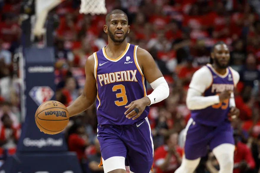 Chris Paul #3 of the Phoenix Suns drives the ball up the court against the New Orleans Pelicans at Smoothie King Center on April 28. 