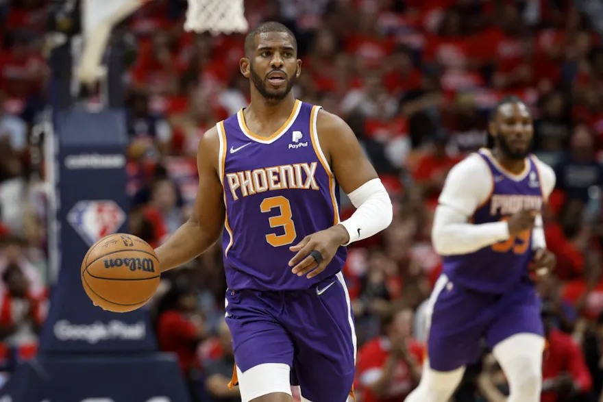Chris Paul #3 of the Phoenix Suns drives the ball up the court against the New Orleans Pelicans at Smoothie King Center on April 28.