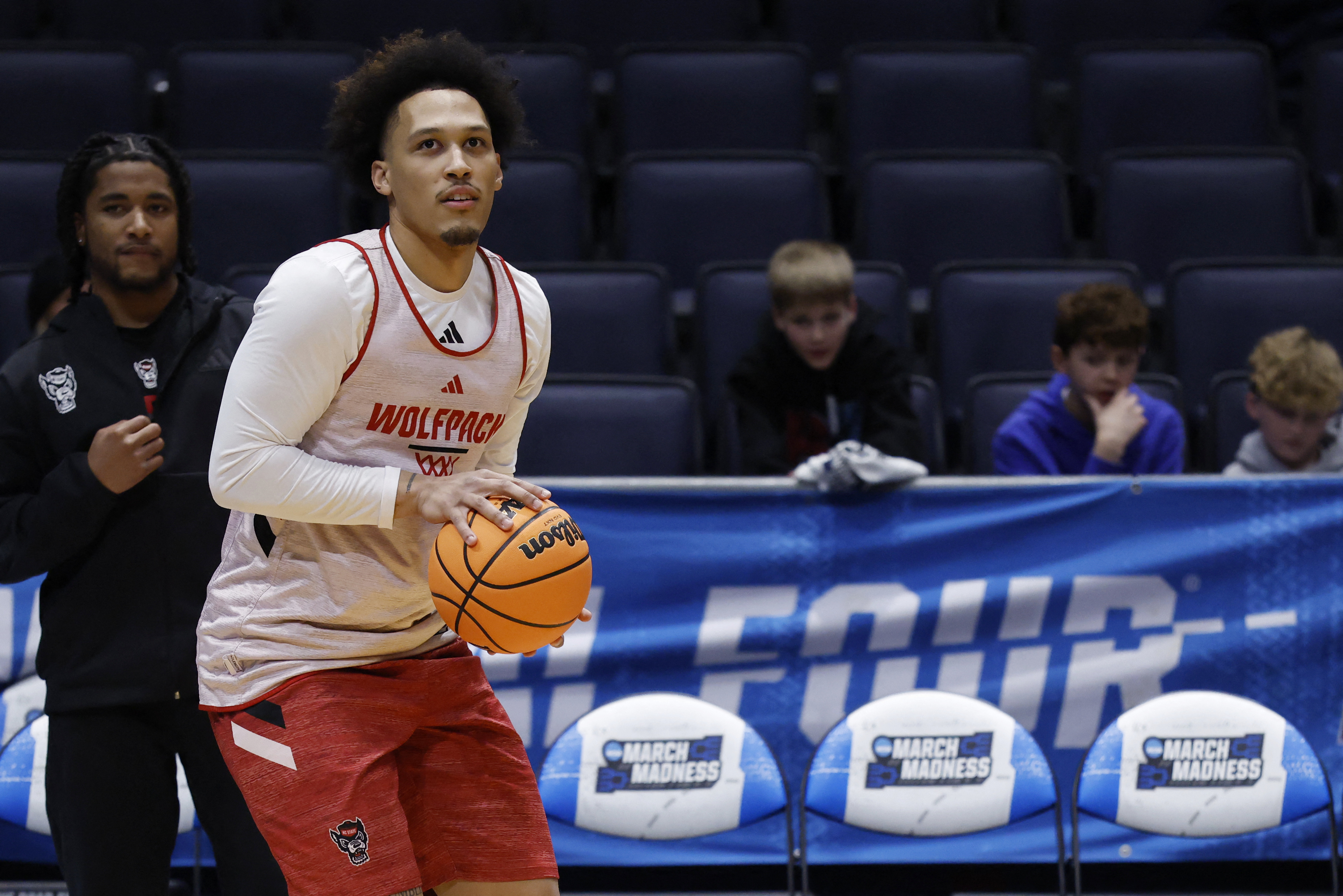 NC State forward Darrion Williams (1) on the court during a practice session ahead of the first four of the men's 2026 NCAA Tournament at University of Dayton Arena. Mandatory Credit as we look at our Texas vs. NC State prediction
