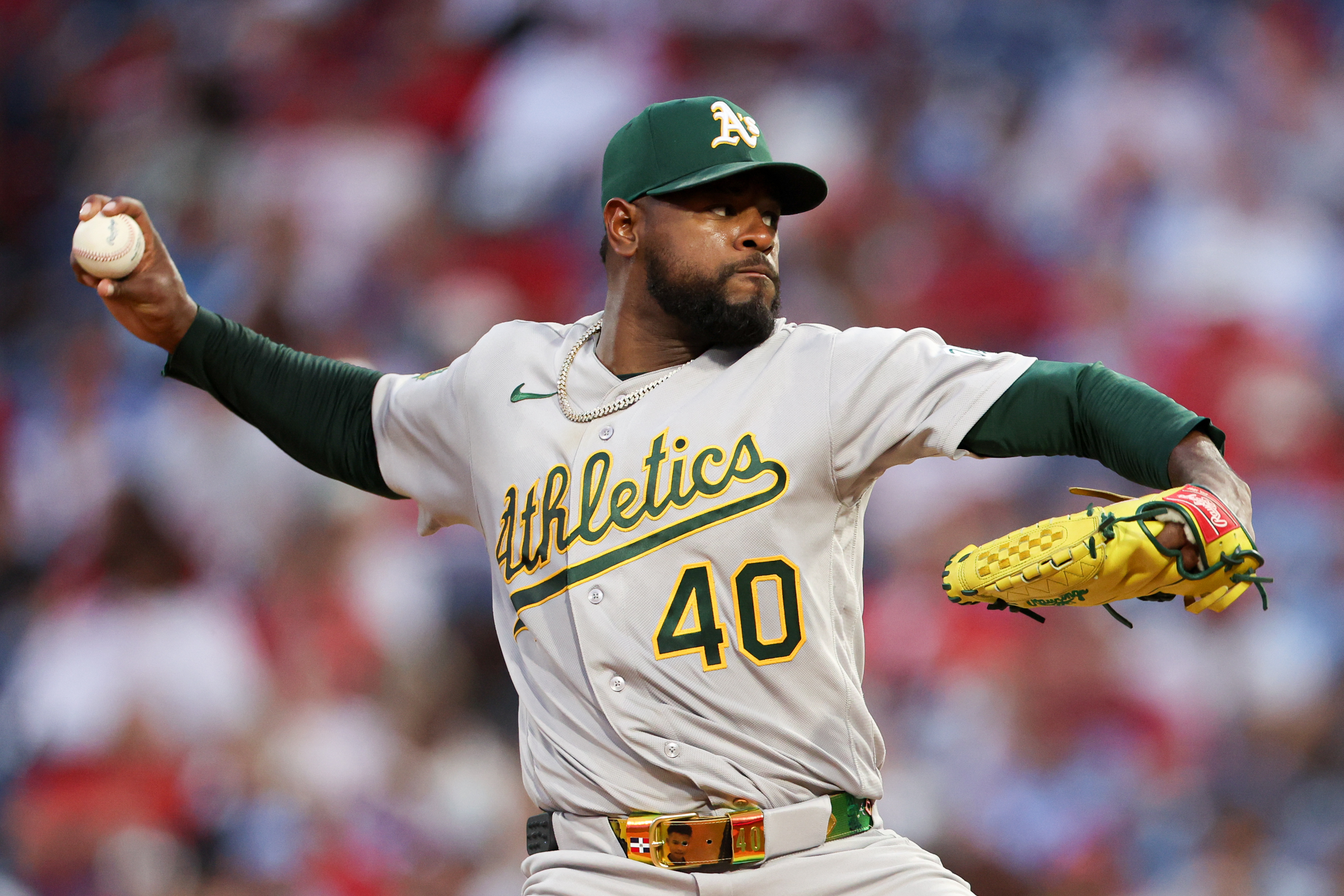 Athletics pitcher Luis Severino (40), seen here during a game, is featured in our best NRFI bets tonight.