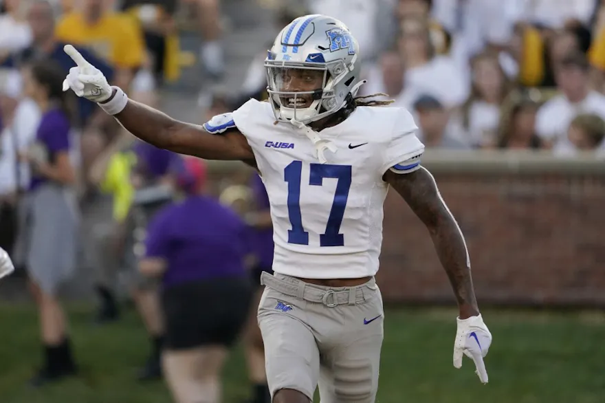 Wide receiver Kalani Norris of the Middle Tennessee Blue Raiders celebrates a touchdown against the Missouri Tigers, and we offer our top predictions for Louisiana Tech vs. Middle Tennessee based on the best college football odds.
