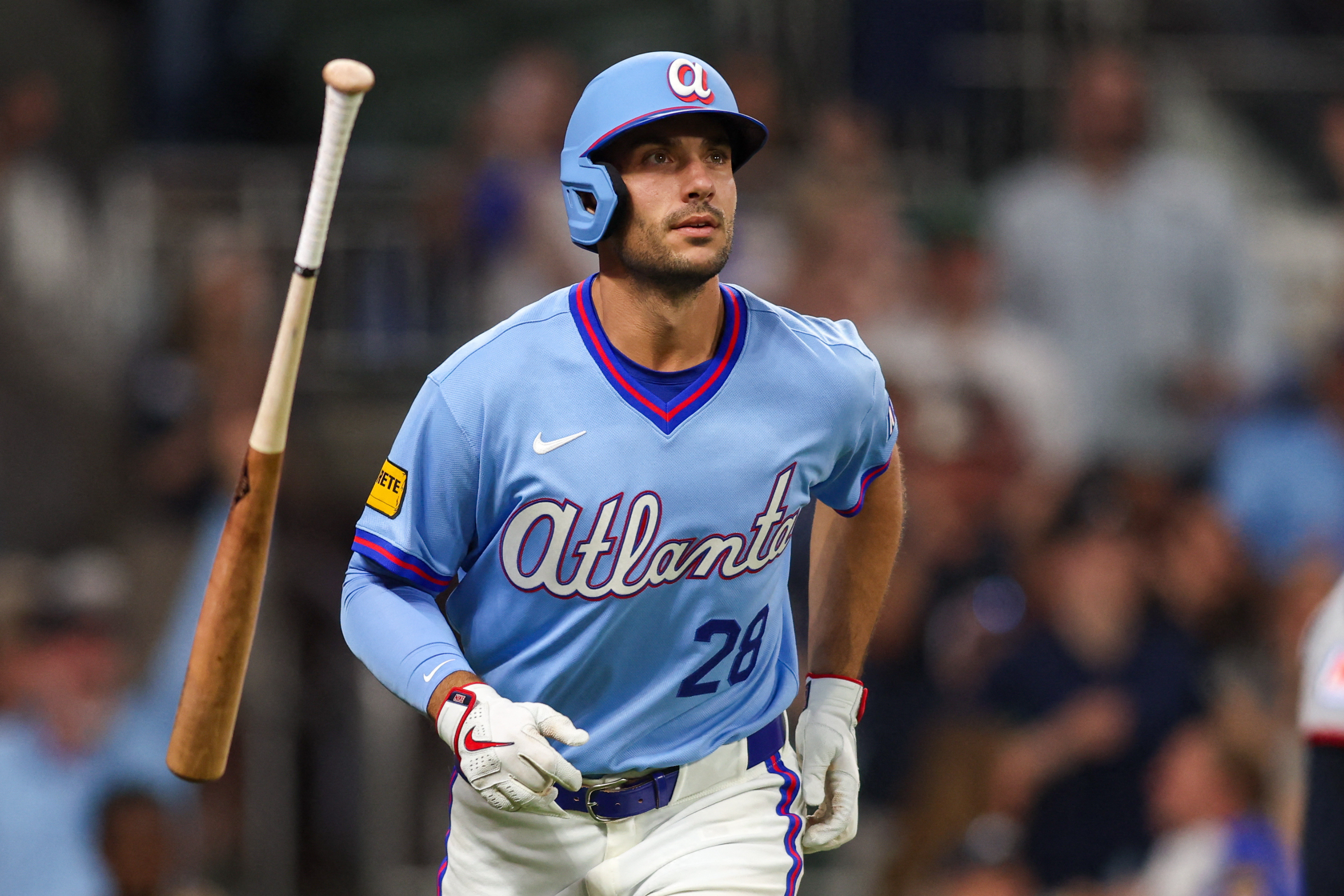 Atlanta Braves first baseman Matt Olson (28), seen here hitting a home run, is featured in our Guardians vs. Braves prediction today.