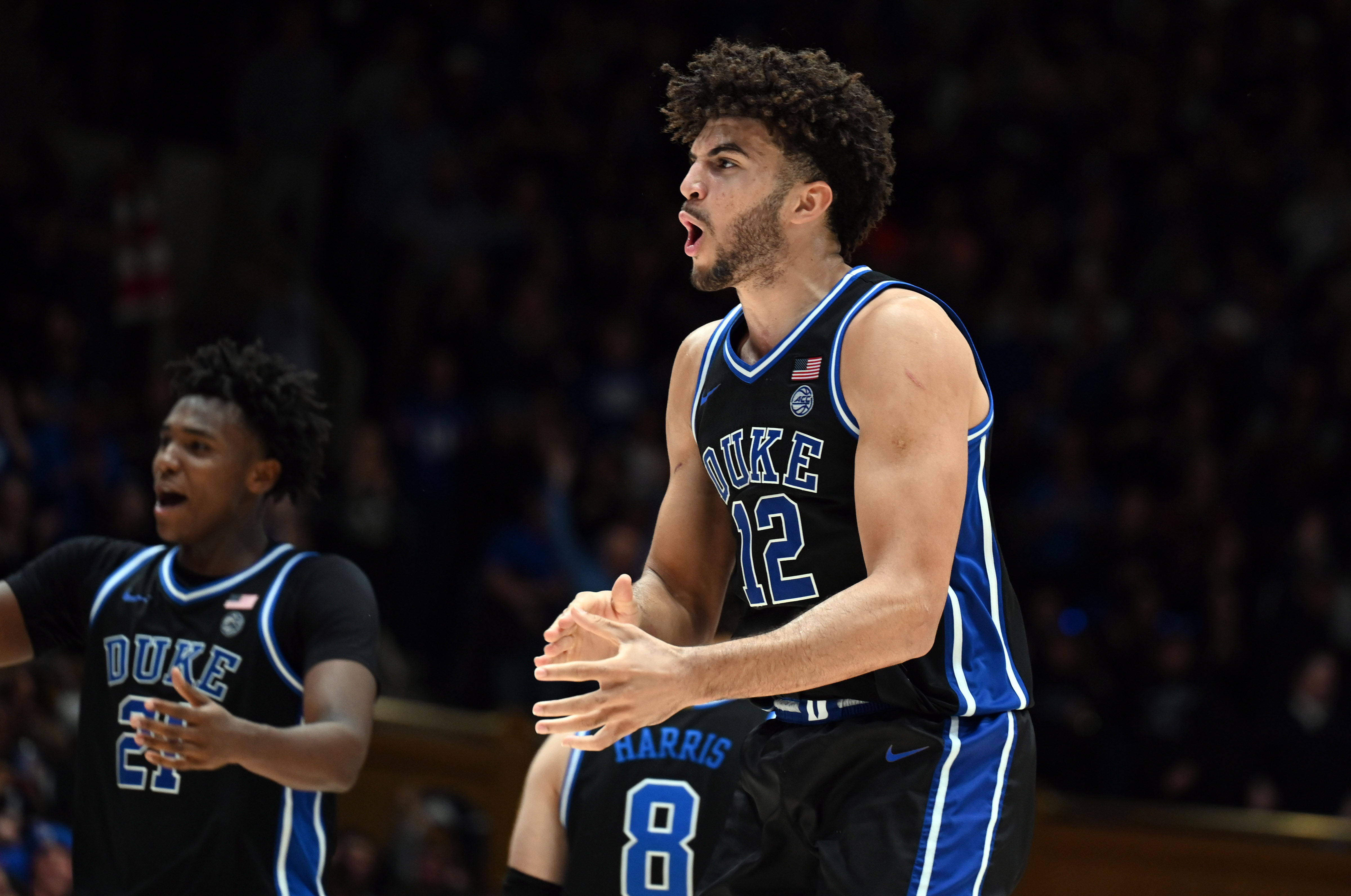 Duke Blue Devils forward Cameron Boozer (12), seen here reacting during a game, is featured in our Duke vs. Louisville predictions and odds.