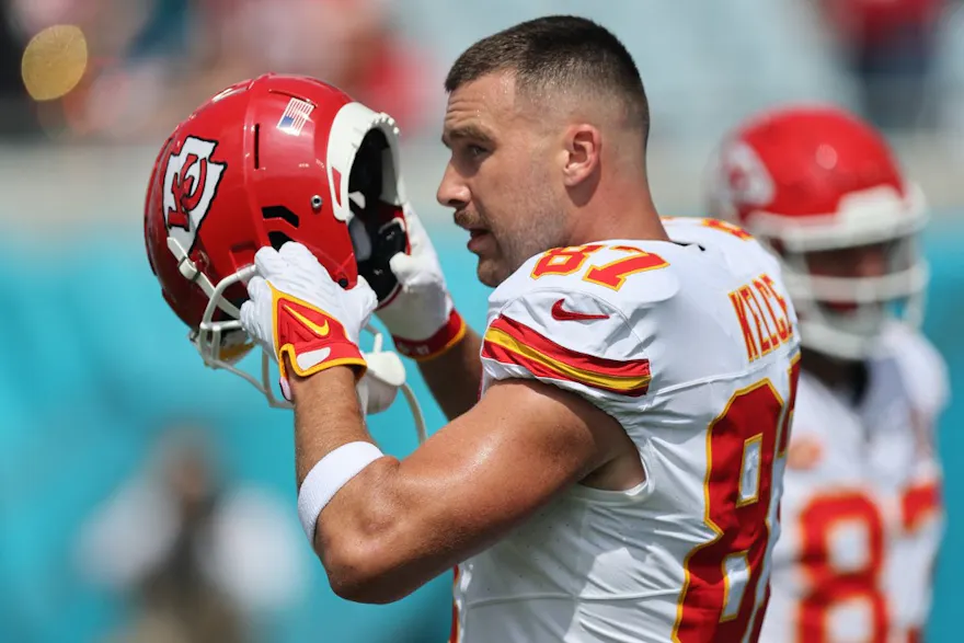 Travis Kelce #87 of the Kansas City Chiefs warms up as we look at our best Travis Kelce NFL player props for the 2024 Super Bowl