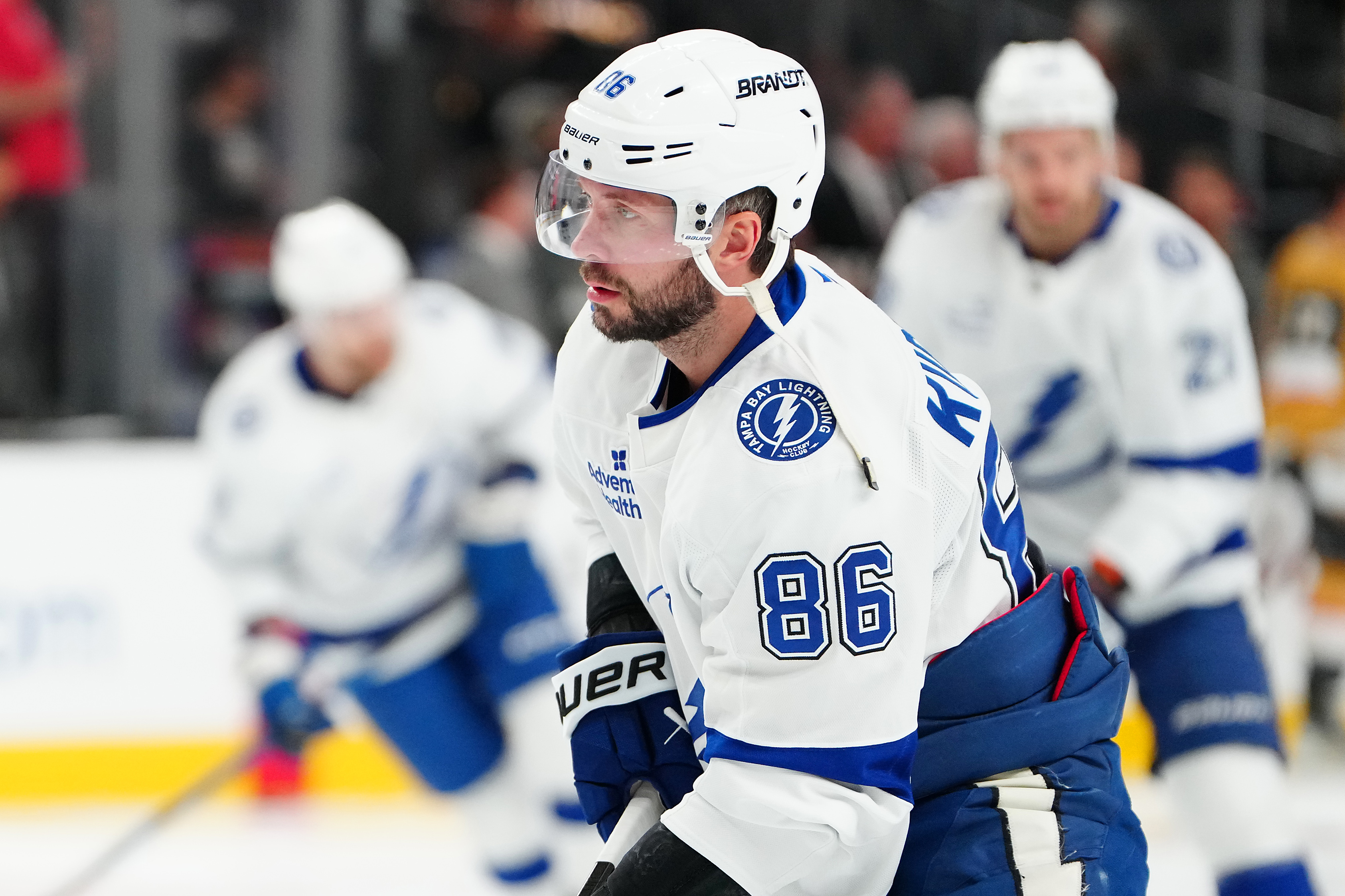 Tampa Bay Lightning right wing Nikita Kucherov (86), seen here warming up before a game, leads our NHL player props tonight.