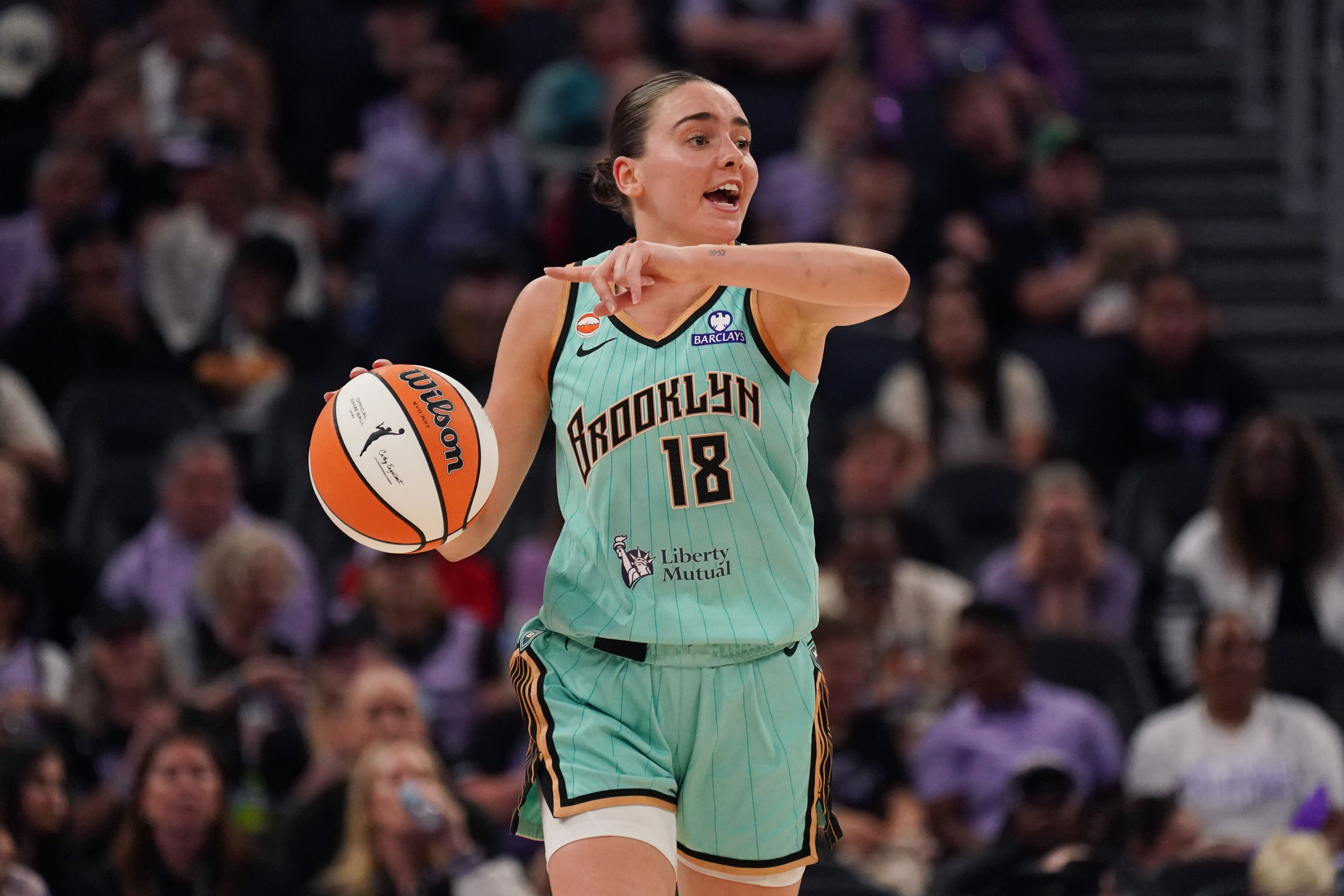 New York Liberty guard Pauline Astier (18) brings the ball up the court as we break down our Lynx vs. Liberty prediction.