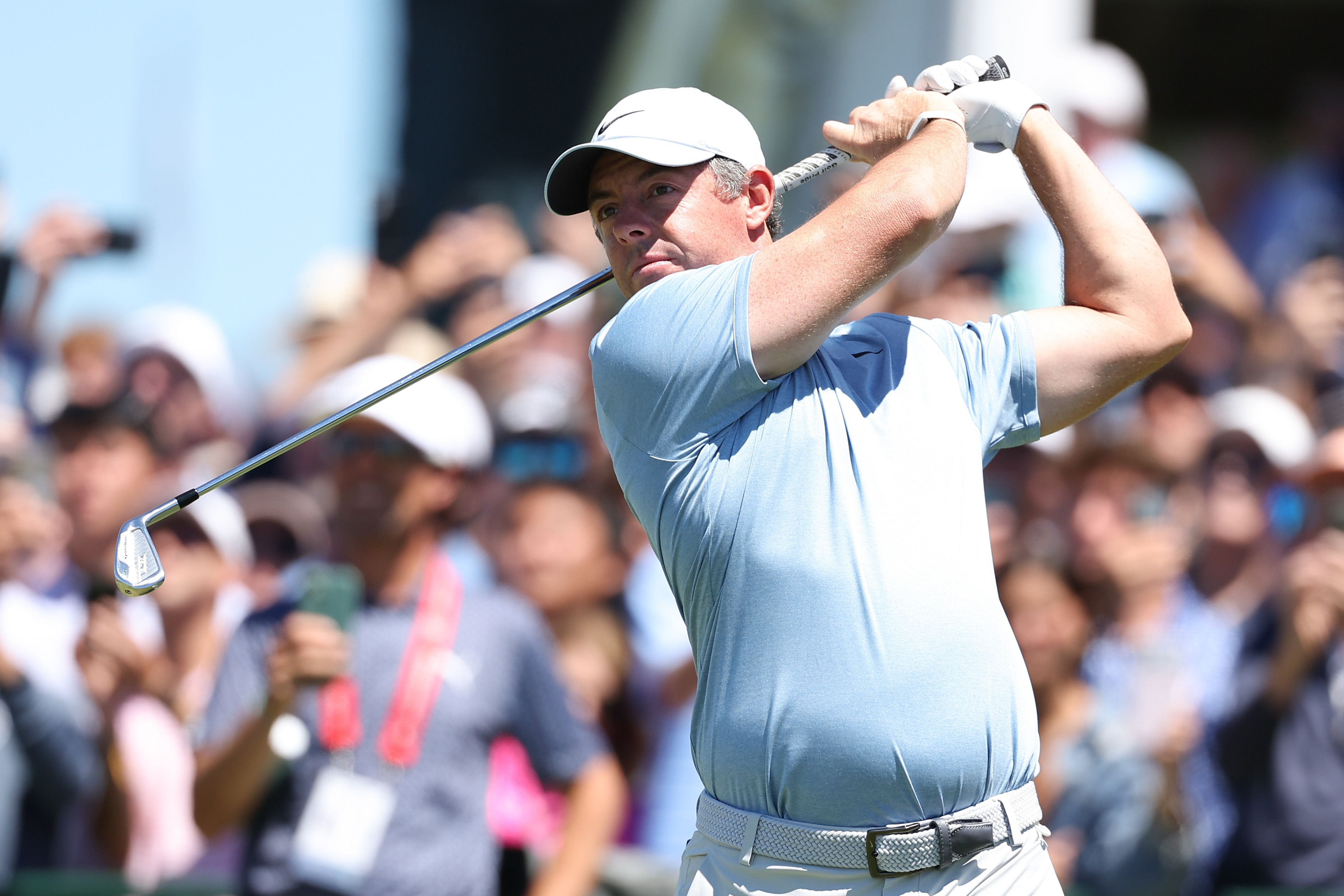 Rory McIlroy plays his tee shot as he is featured in our U.S. Open First-Round leader prediction & odds.