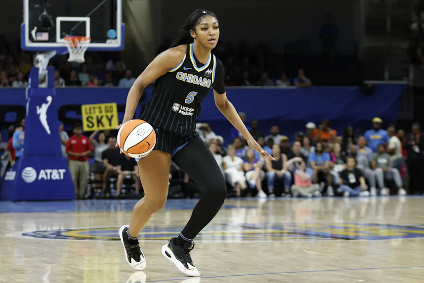 Chicago Sky forward Angel Reese drives to the basket as we look at Illinois sports betting financials for May 2024
