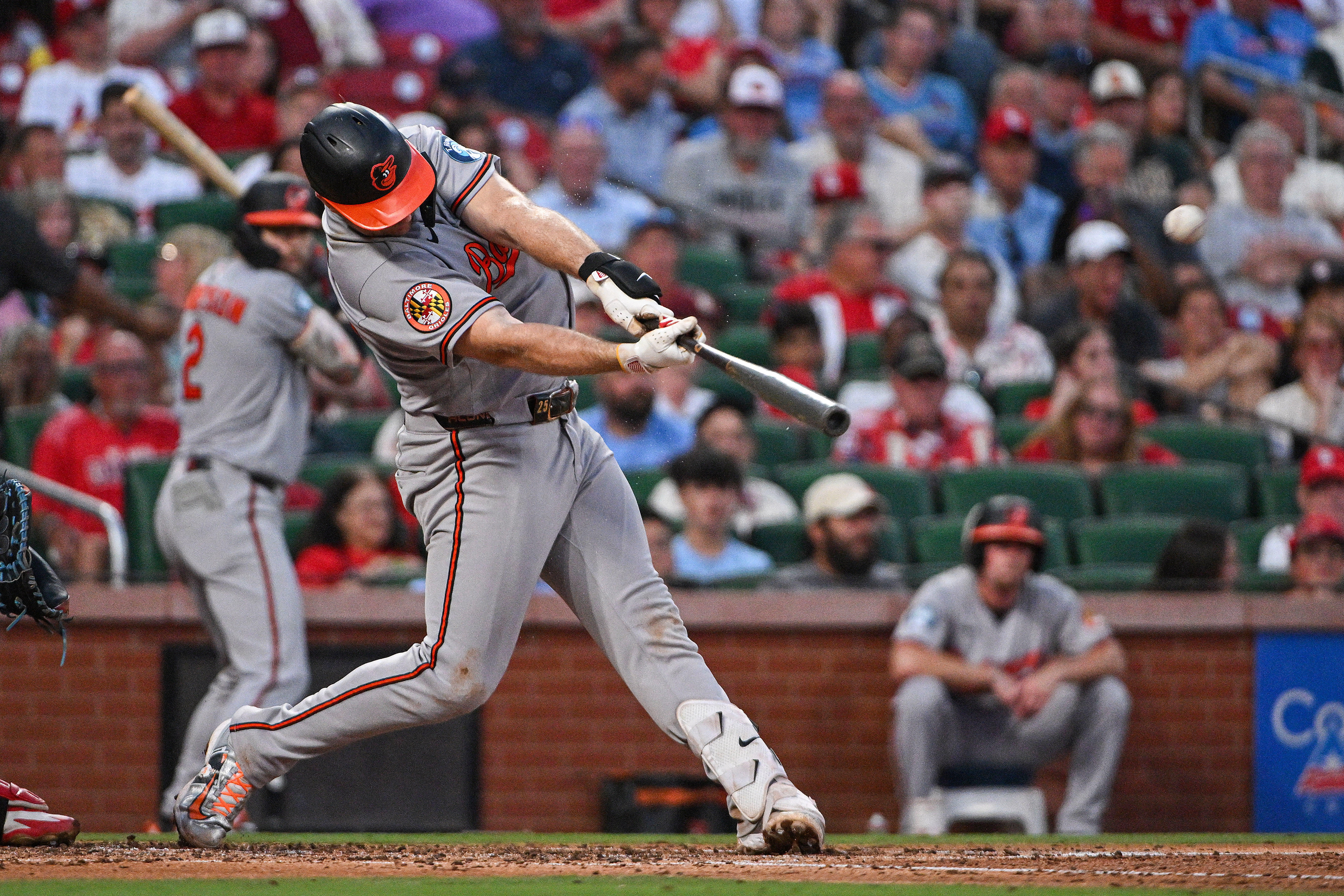 Baltimore Orioles first baseman Pete Alonso (25) hits a three run home run as he is featured in our MLB best home run predictions today.