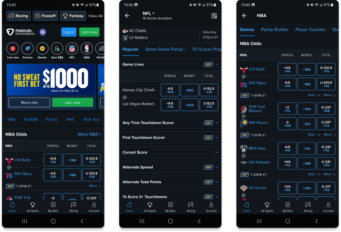 Screenshots of the FanDuel Sportsbook iOS app.