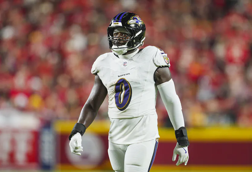 Baltimore Ravens linebacker Roquan Smith walks on the field as we make our anytime touchdown scorer predictions for SNF.