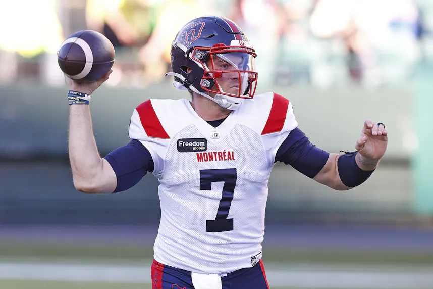 Montreal Alouettes quarterback Cody Fajardo throws a pass during the first half against the Edmonton Elks at Commonwealth Stadium. We're backing Montreal in our Argonauts vs. Alouettes Prediction.