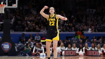 Caitlin Clark of the Iowa Hawkeyes reacts during the 2024 NCAA Women's Basketball Tournament National Championship game against the South Carolina Gamecocks. After being the favorite by the 2024 Women's Wooden Award odds, Clark won the award again. 