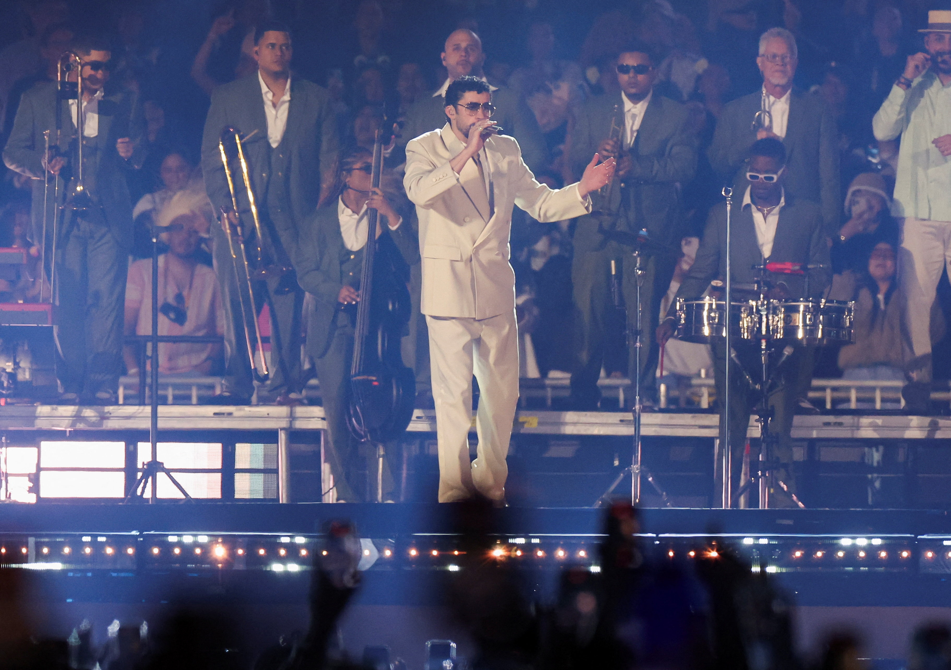 Puerto Rican singer Bad Bunny performs as we look at the Super Bowl halftime show odds.