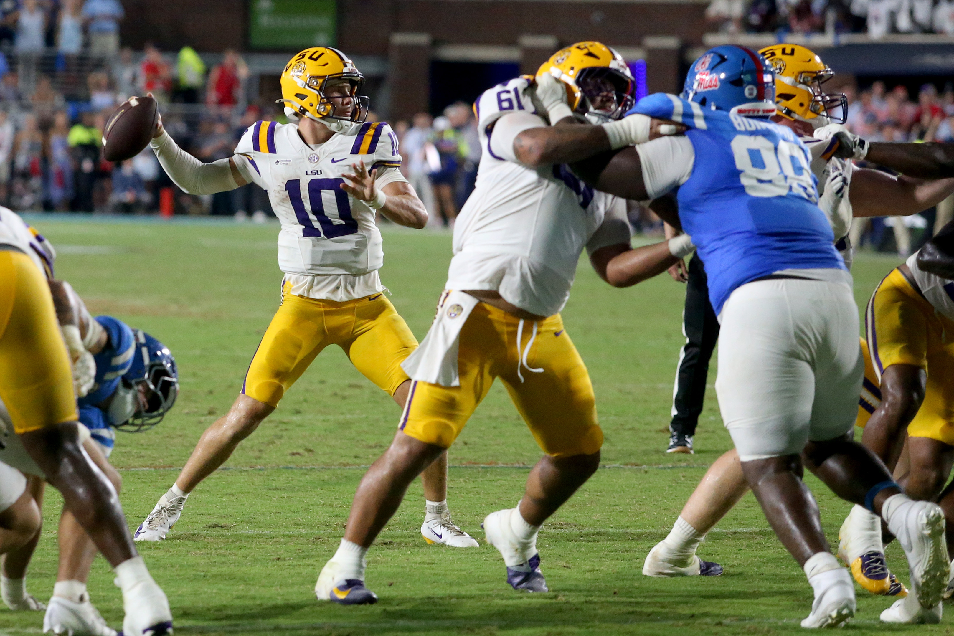 LSU Tigers quarterback Sam Leavitt (10) passes the ball as he is featured in our Texas A&M vs. LSU expert picks for Saturday Night.