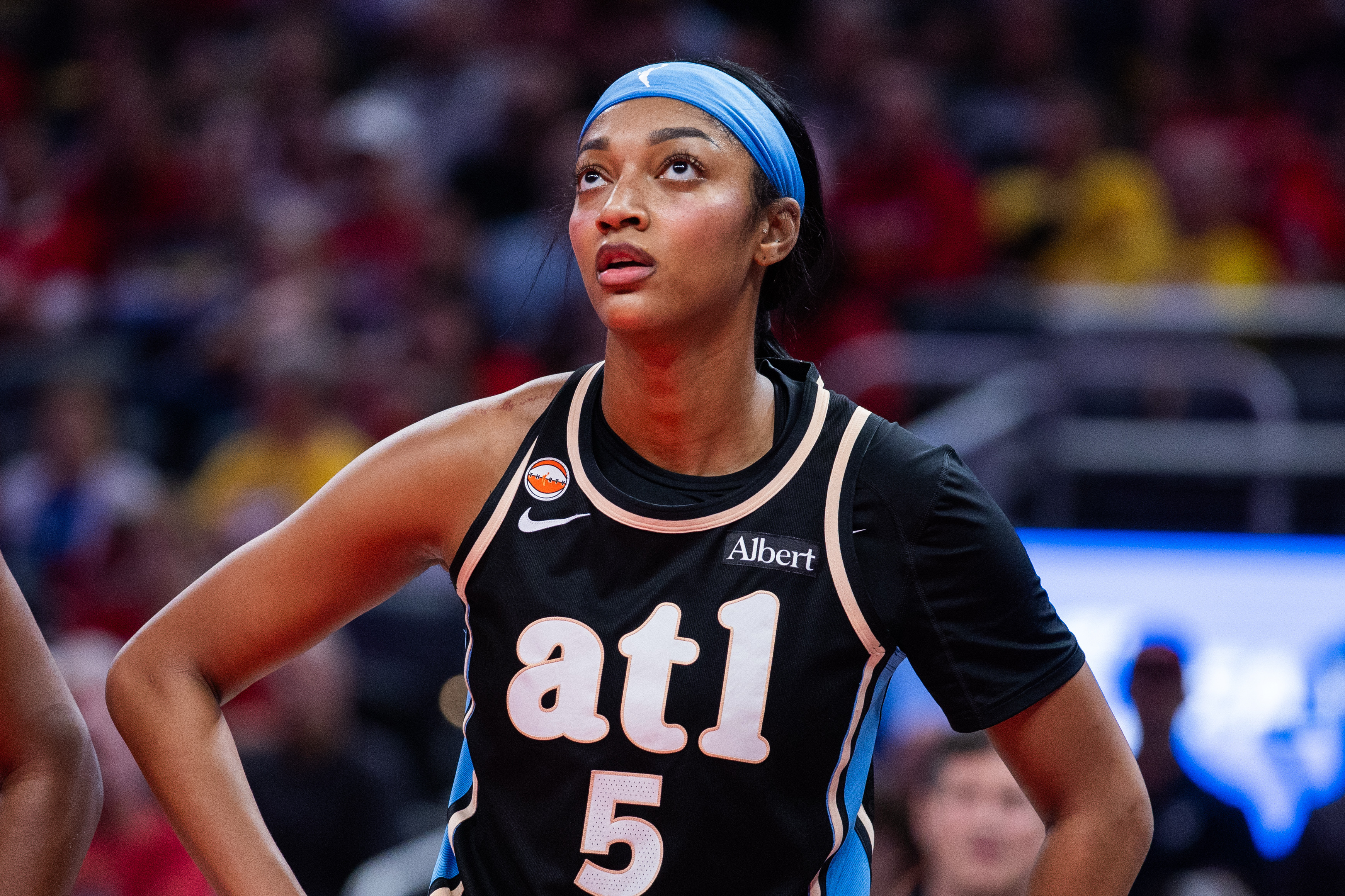 Atlanta Dream forward Angel Reese (5) looks on as we break down our Dream vs. Sky prediction.