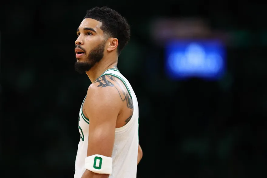 Jayson Tatum of the Boston Celtics looks on against the Golden State Warriors, and we offer new U.S. bettors our exclusive bet365 bonus code.