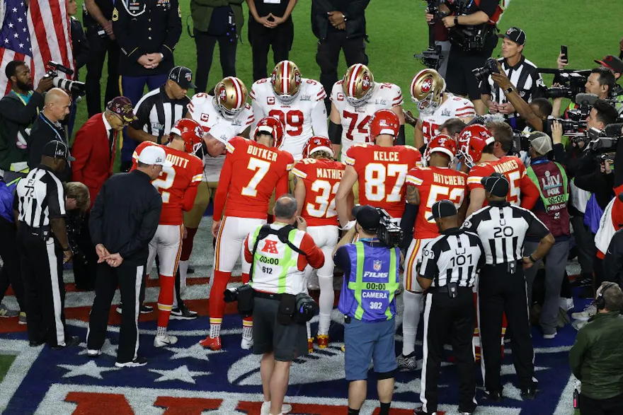 Referee Bill Vinovich toss the coin prior to Super Bowl LIV between the San Francisco 49ers and the Kansas City Chiefs as we look at the best Super Bowl novelty props with odds and predictions ahead of Super Bowl 2024.