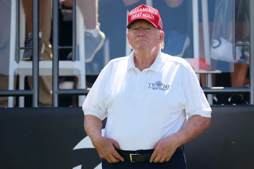 Former President Donald Trump looks on at the first tee prior to the start of Day 3 of the LIV Golf Invitational - Bedminster at Trump National Golf Club as we look at our Republican presidential nominee odds.