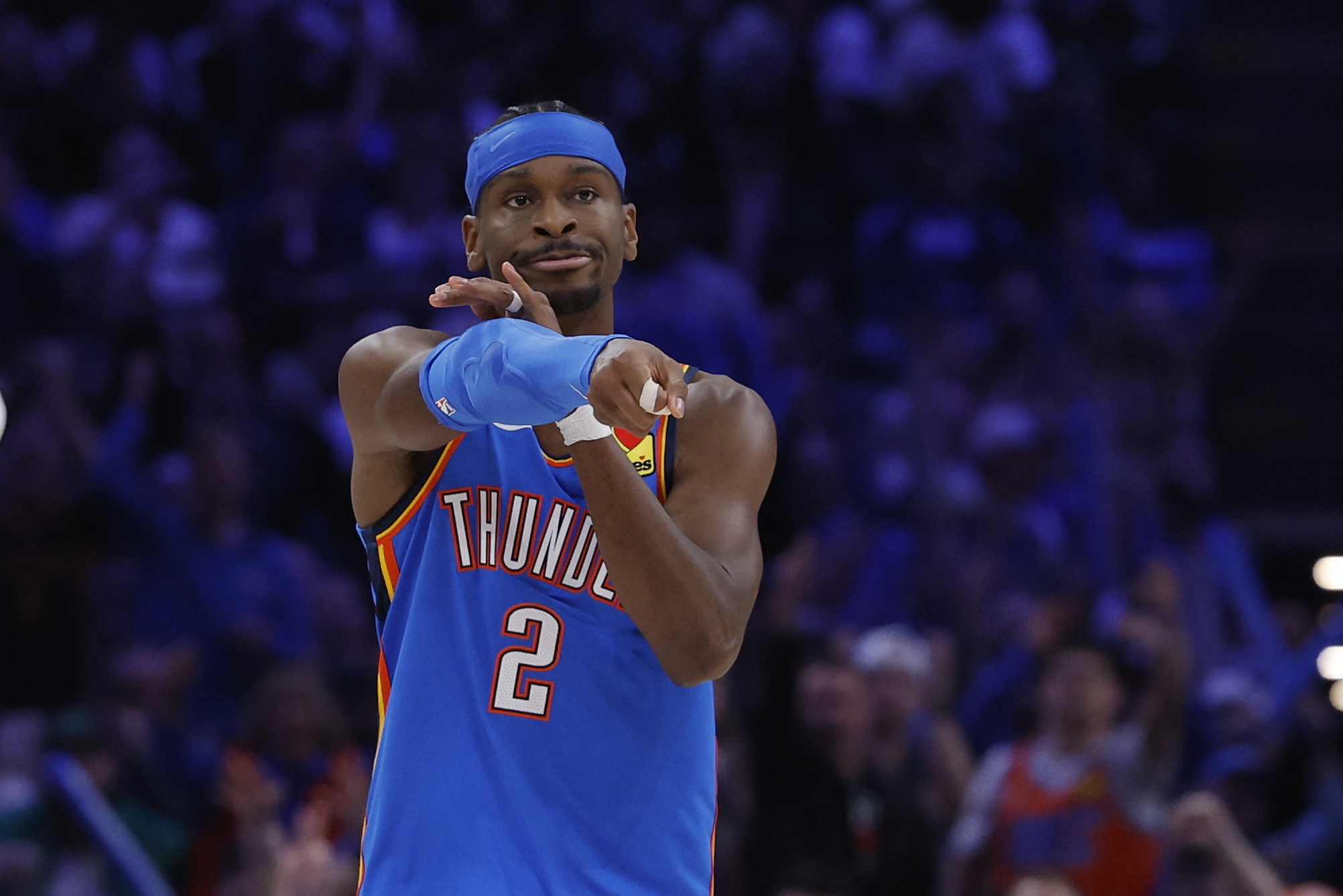 Oklahoma City Thunder guard Shai Gilgeous-Alexander gestures as we offer our best Timberwolves vs. Thunder player props
