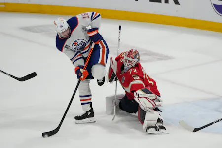 Edmonton Oilers forward Zach Hyman screens Florida Panthers goaltender Sergei Bobrovsky during the first period in Game 1 of the 2024 Stanley Cup Final as Gary Pearson makes his best Stanley Cup Final Game 2 predictions.