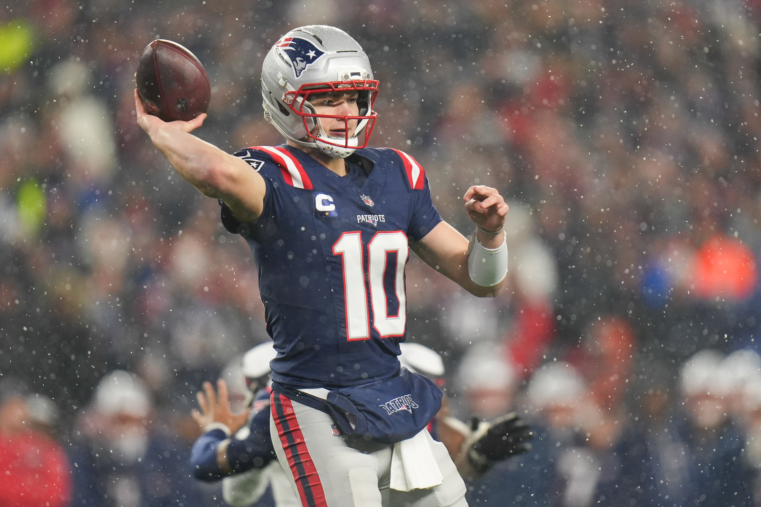 Drake Maye throws in the third quarter as we offer our Patriots vs. Broncos prediction and opening odds for the AFC Championship. 
