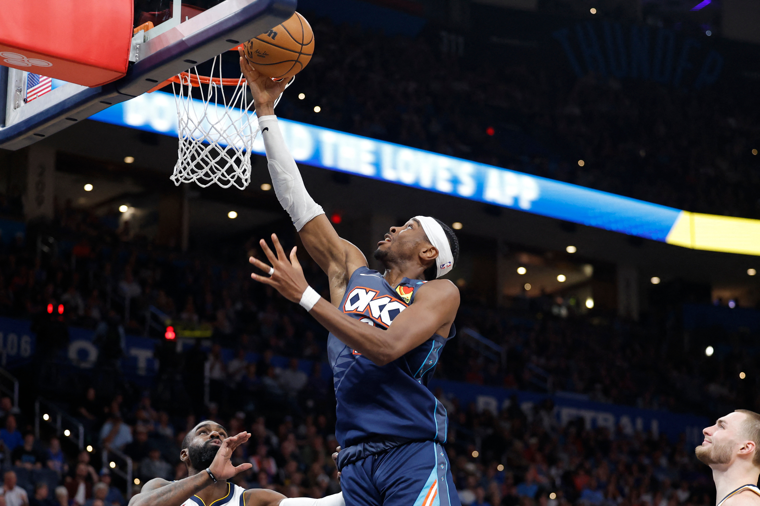 Oklahoma City Thunder guard Shai Gilgeous-Alexander (2), seen here going up for a basket, is featured in our NBA Finals MVP odds 2026.