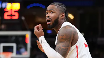 Jamal Shead #1 of the Houston Cougars reacts as we offer our Duke vs. Houston expert picks and prediction for the Sweet 16 of the NCAA Tournament on Friday.