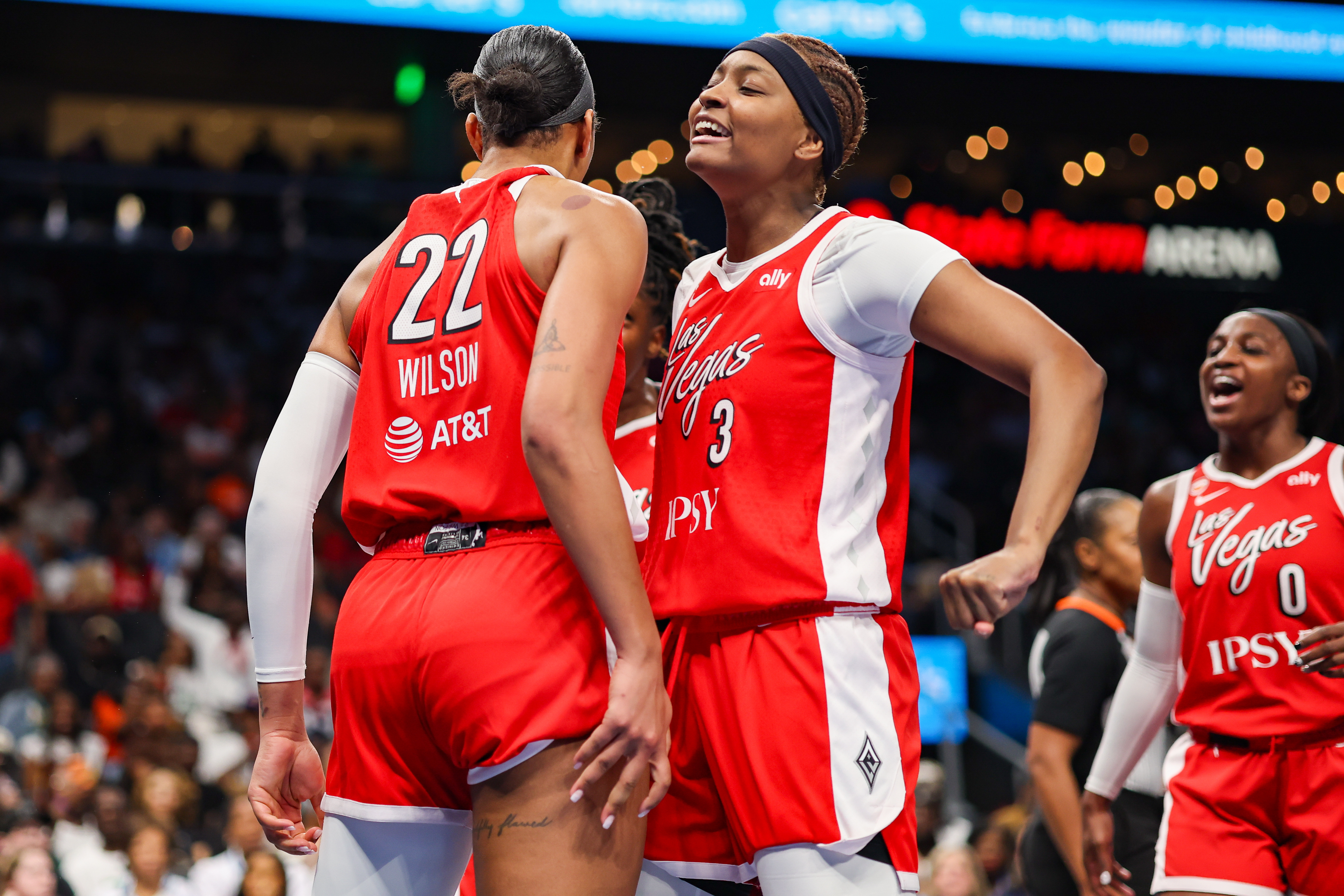 Las Vegas Aces center A'ja Wilson - who's featured in my Aces vs. Wings prediction - reacts after a basket. 