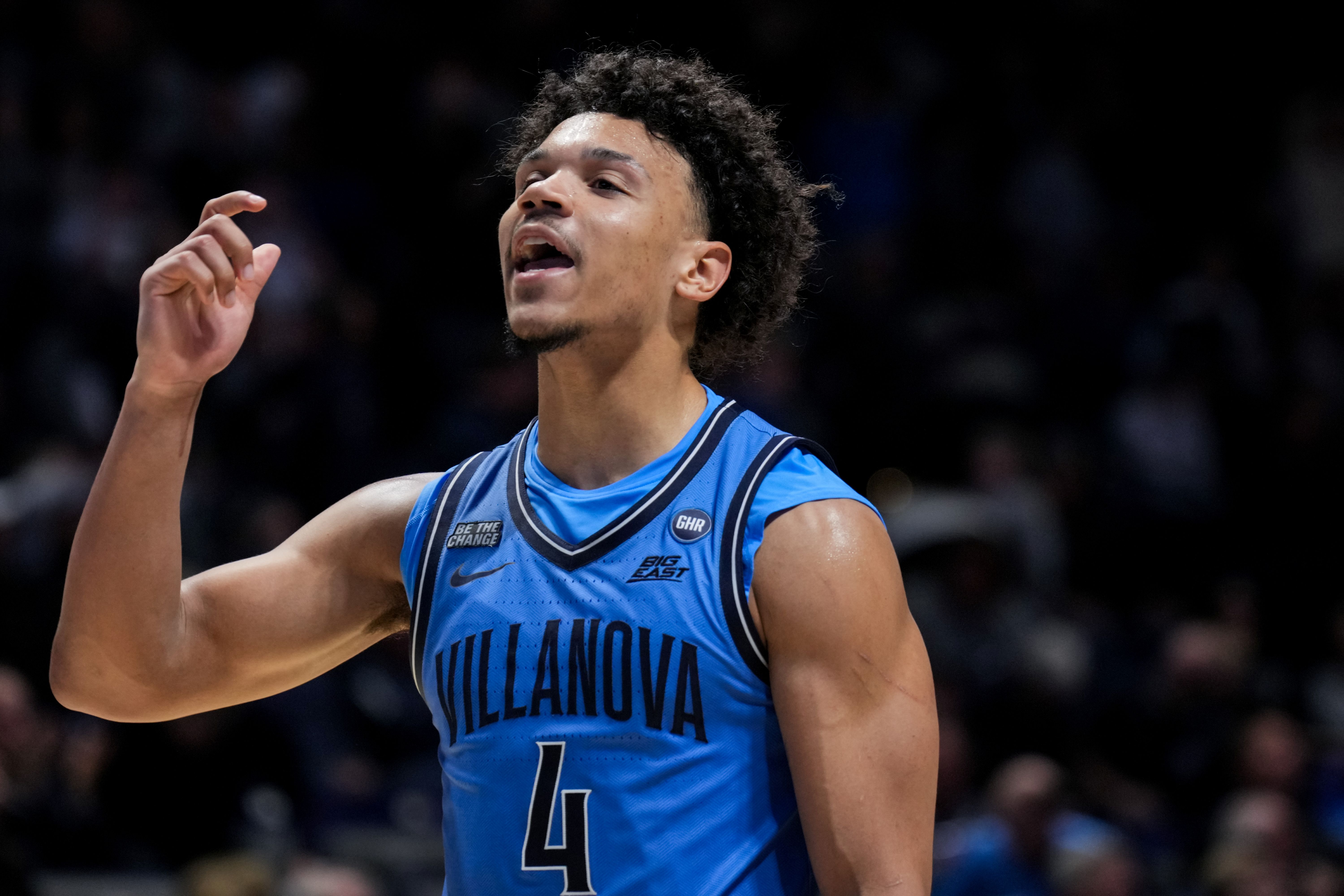Villanova Wildcats guard Tyler Perkins (4) reacts to the crowd during a stop in play as we break down our college basketball predictions for March 4.