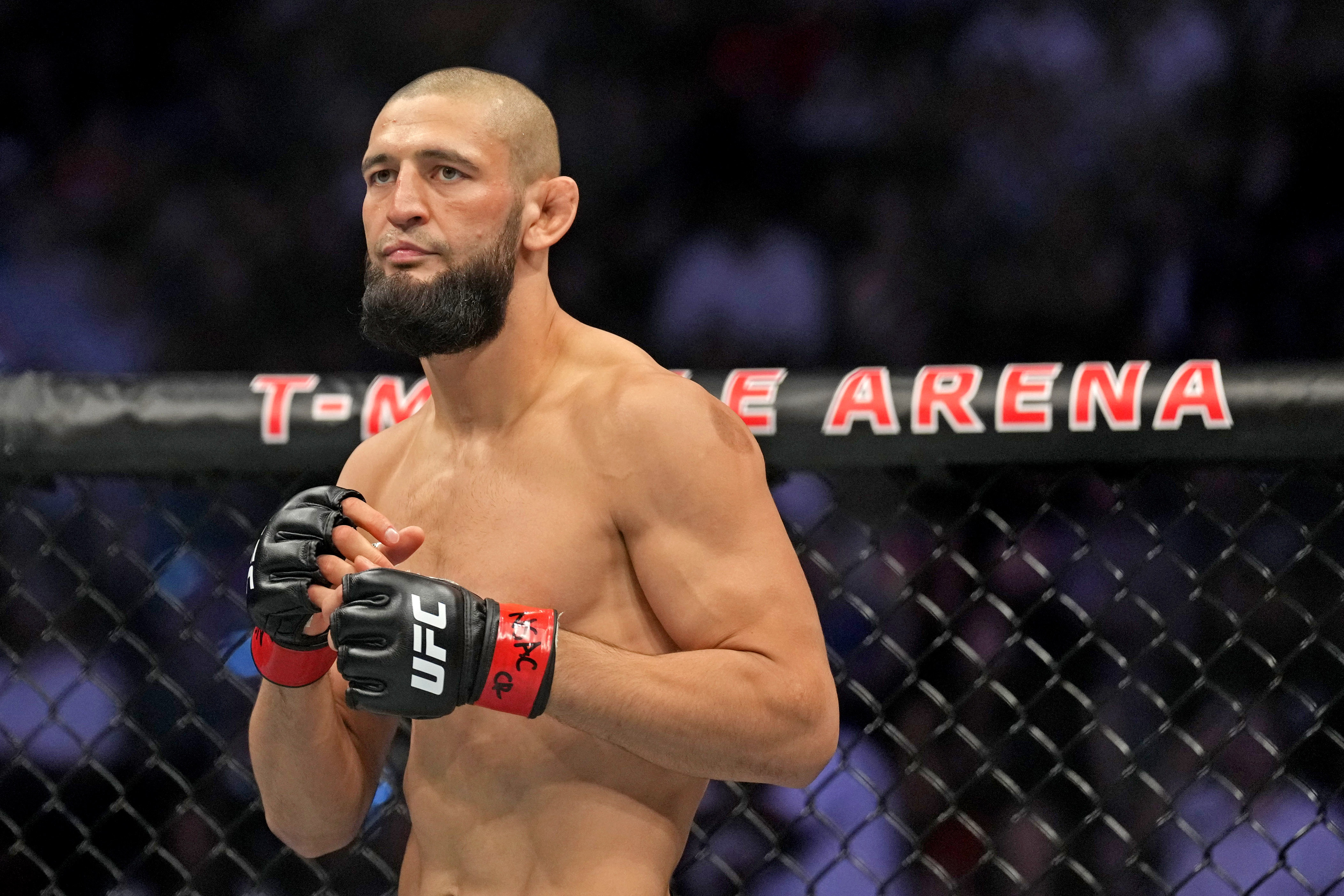 Khamzat Chimaev - who's featured in the UFC 328 full cards odds - prepares.
