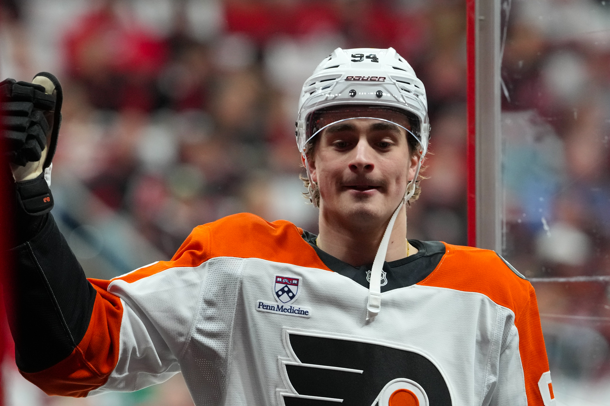 Philadelphia Flyers right-wing Porter Martone (94) comes off the ice during the warm-ups as we look at the 2027 Calder Trophy odds.