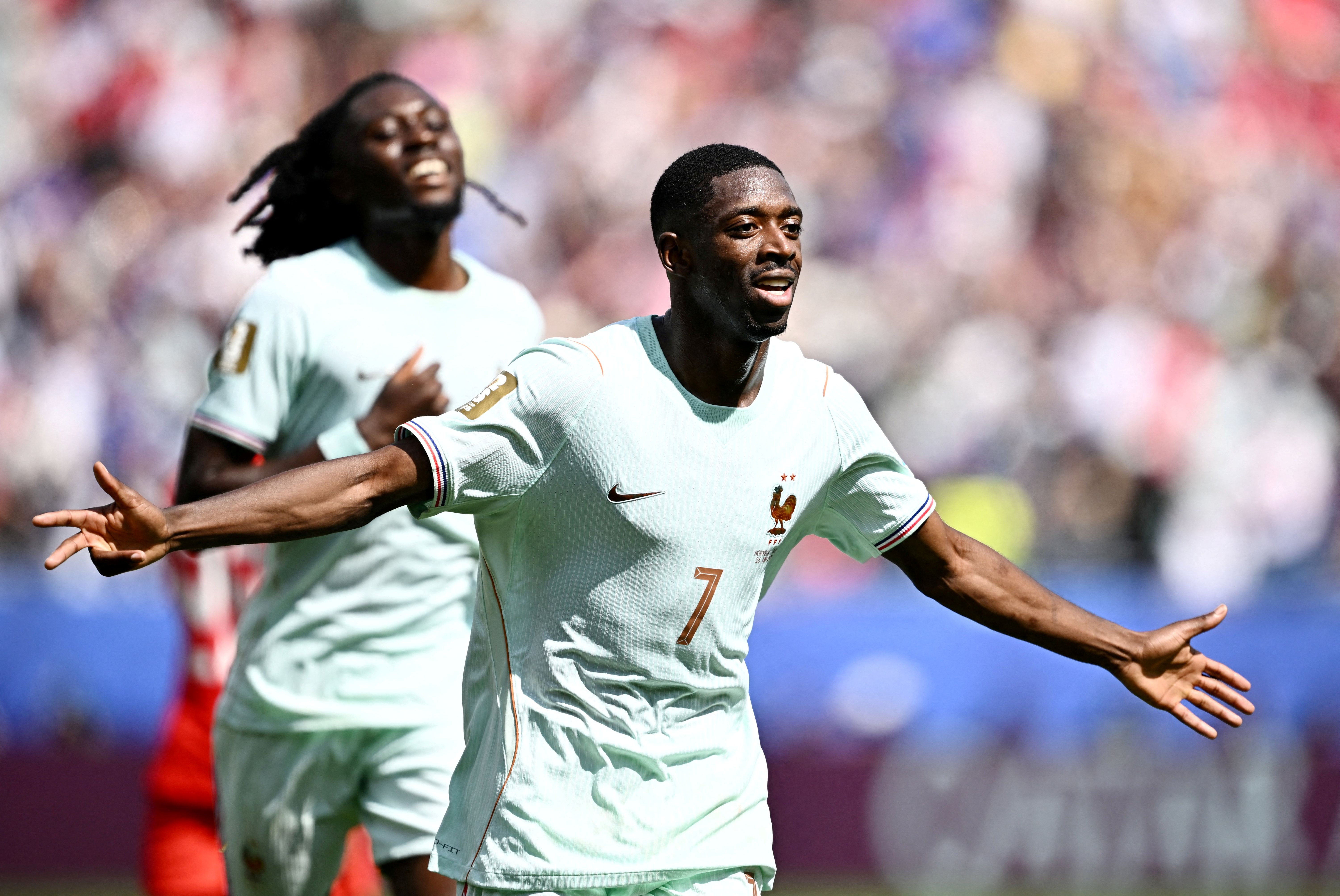 France's Ousmane Dembele celebrates scoring their third goal as we make our best France vs. Sweden prediction.