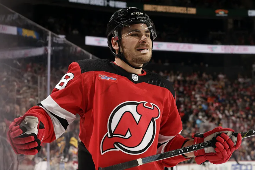 Timo Meier #28 of the New Jersey Devils reacts as we look at the details surrounding the launch of Prime Sportsbook in New Jersey