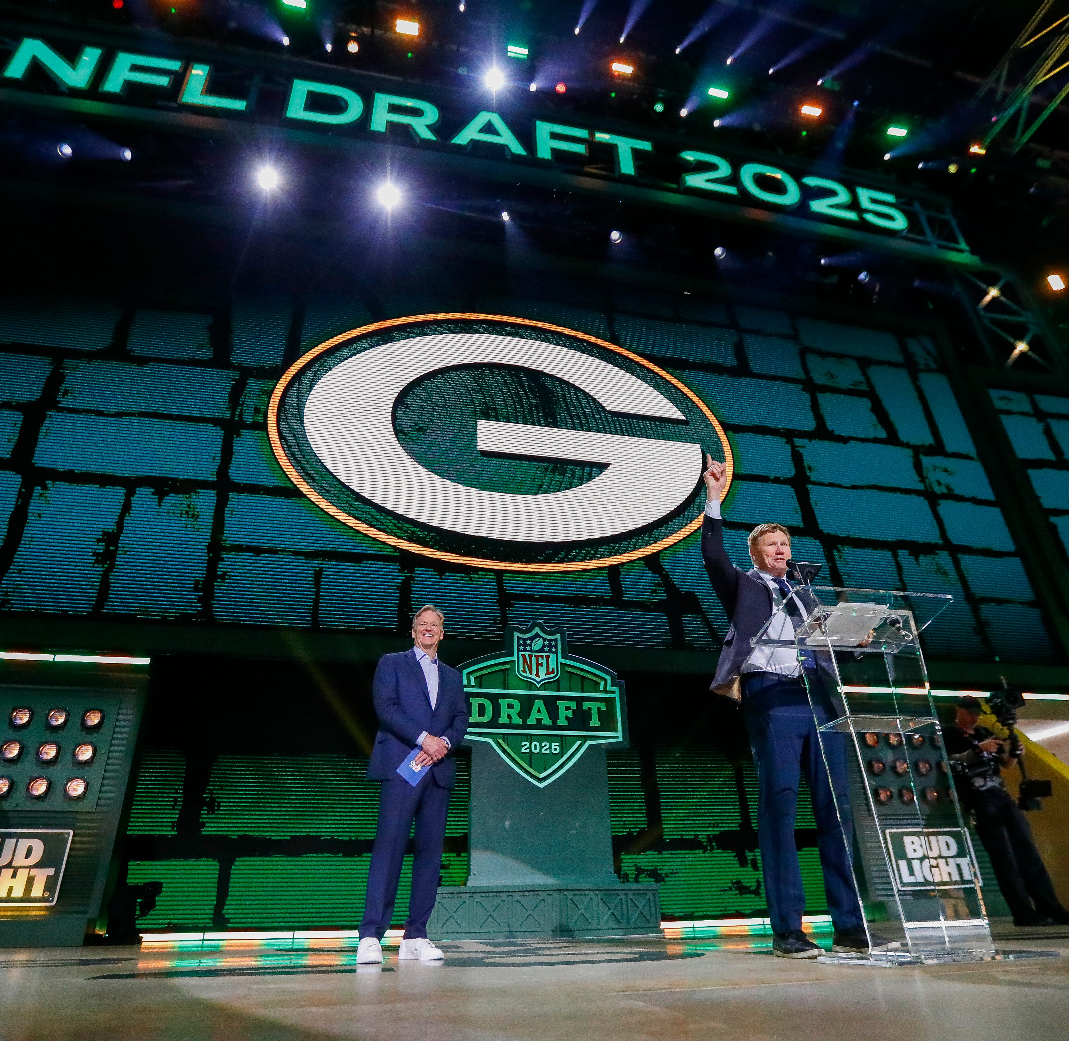 Green Bay Packers President and CEO Mark Murphy announces the Packers’ selection of wide receiver Matthew Golden with the 23rd pick during the first round of the 2025 NFL Draft on Thursday, April 24, 2025, at Lambeau Field in Green Bay, Wisconsin.