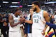 Anthony Edwards and Karl-Anthony Towns of the Minnesota Timberwolves celebrate after winning Game 7 against the Denver Nuggets. Minnesota is the favorite in the West by the NBA Championship Odds. 
