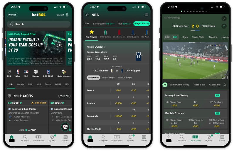 Screenshot of the bet365 Sportsbook mobile app for iOS devices.