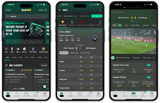 Screenshot of the bet365 Sportsbook mobile app for iOS devices.