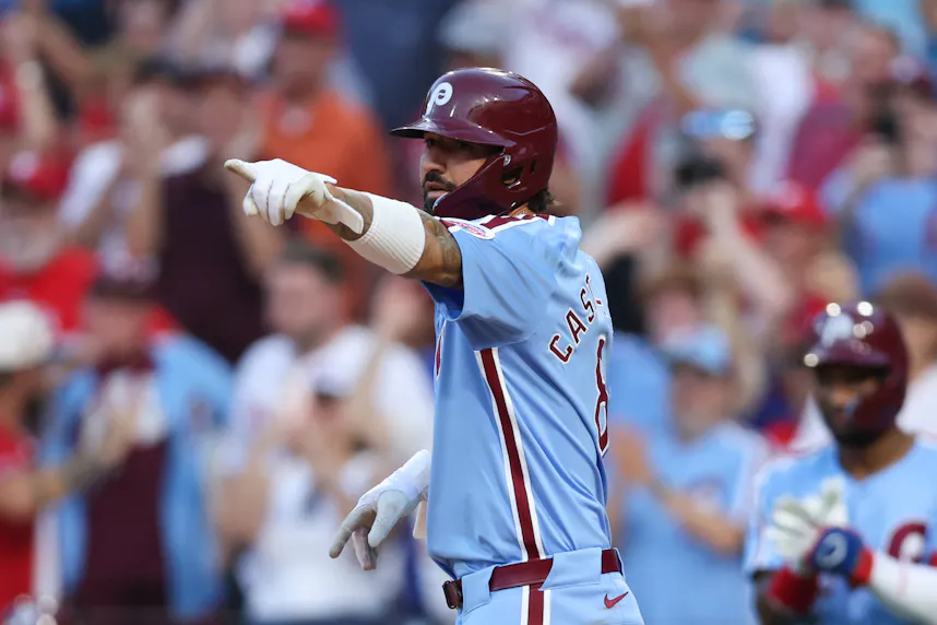 Philadelphia Phillies outfielder Nick Castellanos reacts after scoring during the sixth inning against the Los Angeles Dodgers.